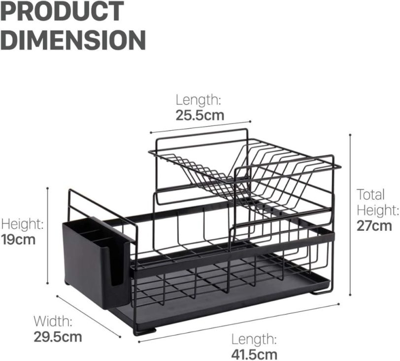 Dish Drying Rack with Drainboard Drainer Kitchen Light Duty Countertop Utensil Organizer Storage for Home Black White 2-Tier - Image 2