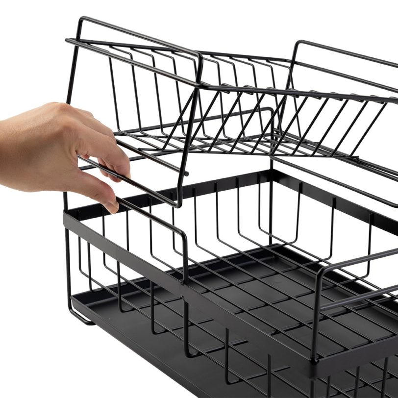 Dish Drying Rack with Drainboard Drainer Kitchen Light Duty Countertop Utensil Organizer Storage for Home Black White 2-Tier - Image 3