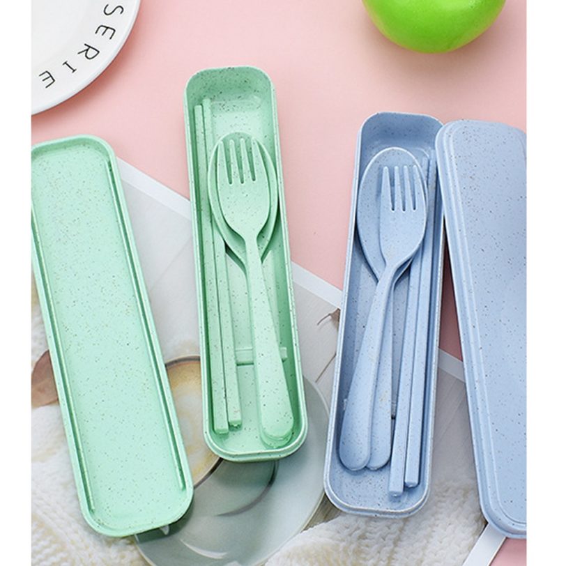 Environmental Portable Reusable Spoon Fork Travel Picnic Chopsticks Wheat Straw Tableware Cutlery Set With Carrying Box - Image 4