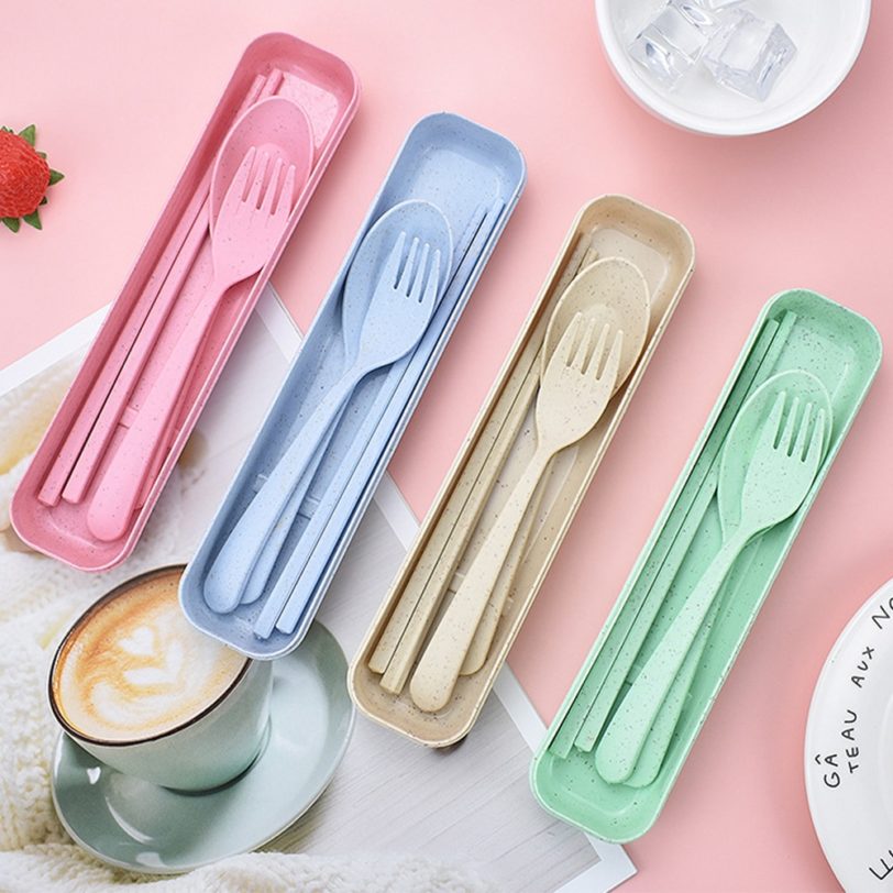 Environmental Portable Reusable Spoon Fork Travel Picnic Chopsticks Wheat Straw Tableware Cutlery Set With Carrying Box - Image 6