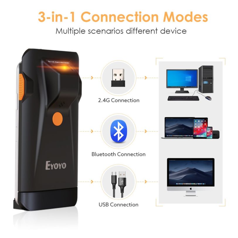 Eyoyo Mini Bluetooth/USB Wired/2.4G Wireless 3-in-1 2D Barcode Scanner,Portable 1D QR Image Scanner Bar Code Reader - Image 2