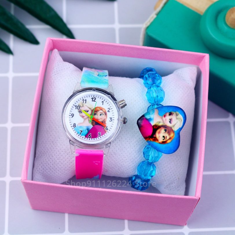 Fashion Cartoon Flash Light Girls Watches Kids with Bracelet Silicone Strap Princess Elsa Children Watches Clock reloj infantil - Image 2