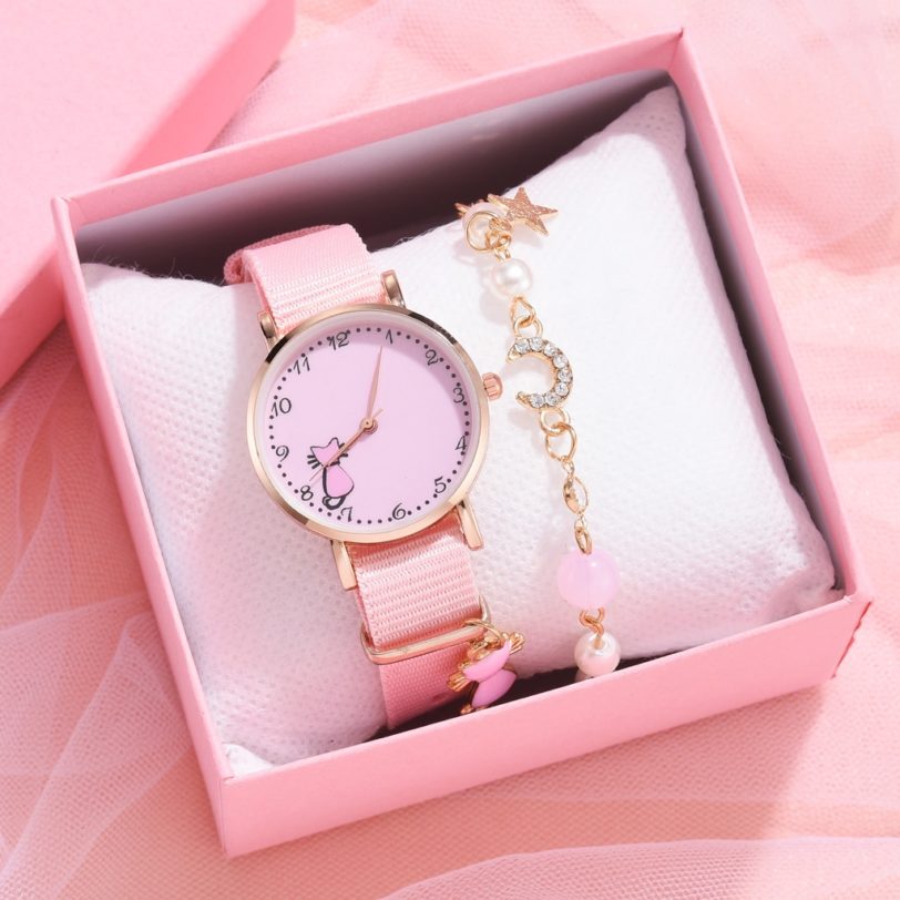 Fashion Girl Women s Watch Cartoon Flowers Pink Ladies Bracelet Watch Set Cute Student Quartz Watch