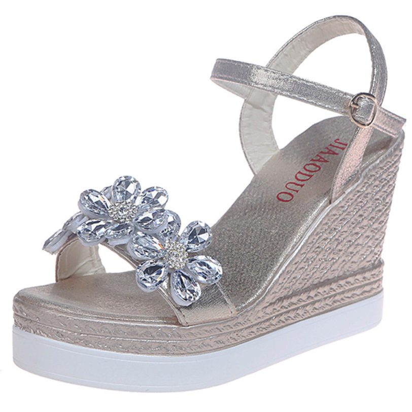 Female Fashion Flower Open Toe Sandals Dress Silver Sandals Women Rhinestone Wedges Platform Party Shoes Woman - Image 3