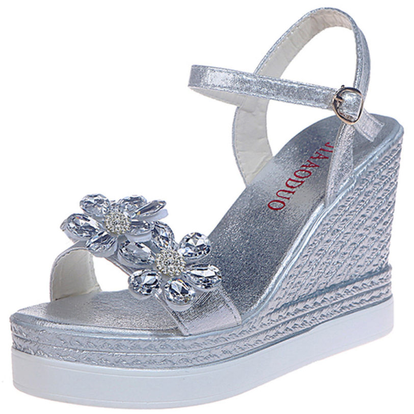 Female Fashion Flower Open Toe Sandals Dress Silver Sandals Women Rhinestone Wedges Platform Party Shoes Woman - Image 2