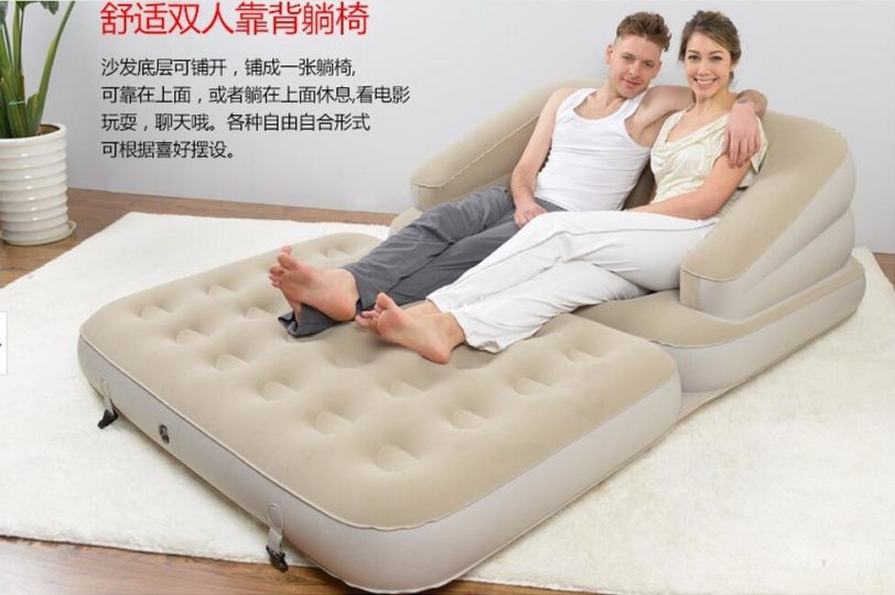 Flocking pvc 5 in 1 outdoor l lazy inflatable sofa bed apartment folding bed multi-functional sofa beige color - Image 3