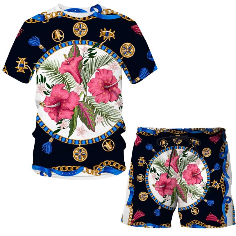 Flower 3D Printed 2 Pieces Sets Luxury Clothing Casual Suit casual short-sleeved shorts round neck tshirt Men clothing Tops - Image 3