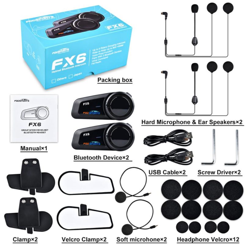 Fodsports 2 pcs FX6 Helmet Intercom Motorcycle Bluetooth Helmet Headset 6 Rider 1000m Moto Interphone Intercomunicador FM BT 5.0 - Image 2