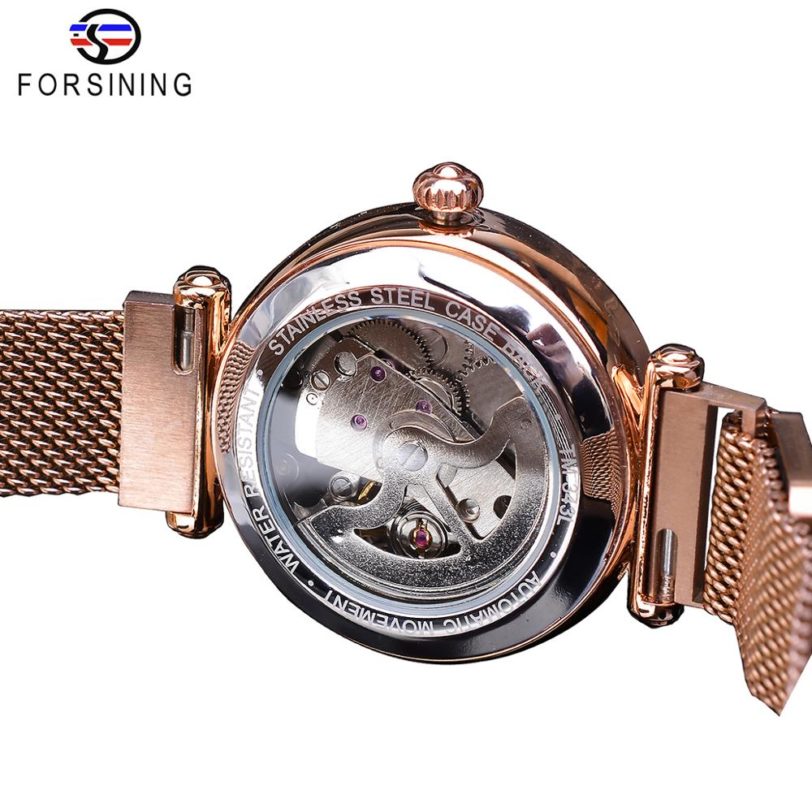 Forsining Ladies Watch Top Brand Luxury Female Watch Rose Gold Mesh Creative Diamond Flower Dial Mechanical Fashion Women Clock - Image 2