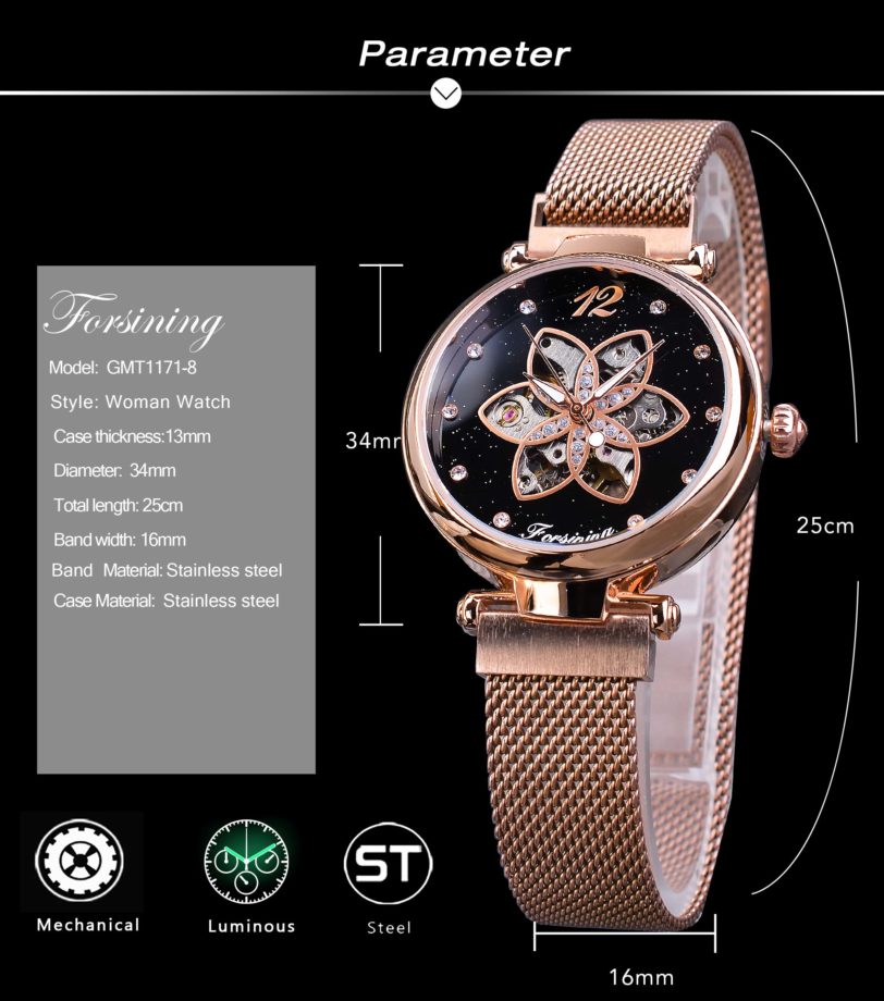 Forsining Ladies Watch Top Brand Luxury Female Watch Rose Gold Mesh Creative Diamond Flower Dial Mechanical Fashion Women Clock - Image 6