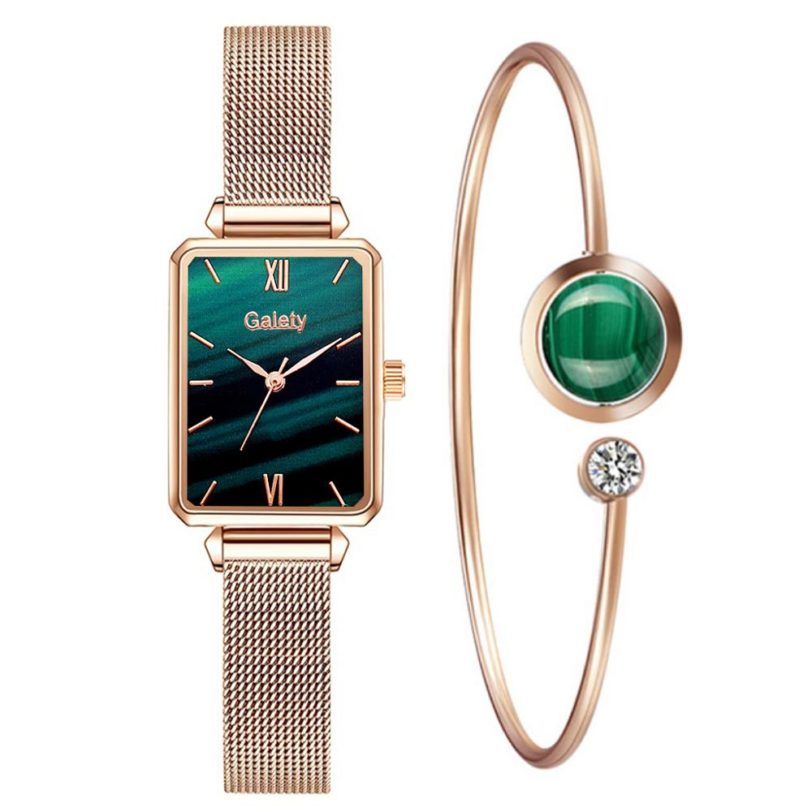 Gaiety Brand Women Watches Fashion Square Ladies Quartz Watch Bracelet Set Green Dial Simple Rose Gold Mesh Luxury Women Watches - Image 2