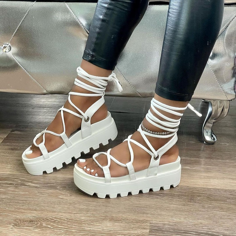 Gladiator Sandals For Women 2021 Summer Woman Thick Bottom Platform Flats Women s Fashion Cross Strap 2
