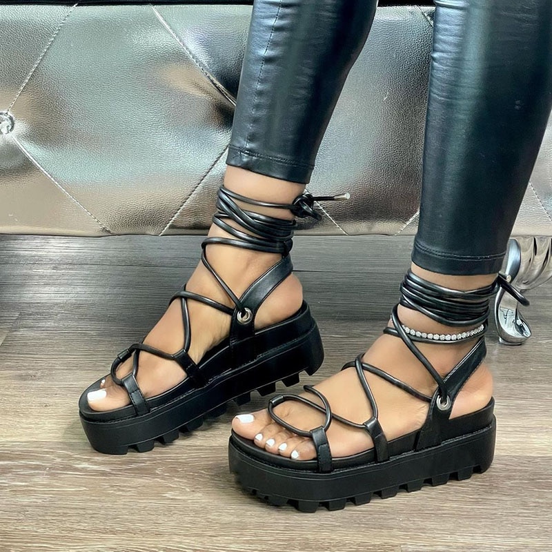 Gladiator Sandals For Women 2021 Summer Woman Thick Bottom Platform Flats Women s Fashion Cross Strap 3