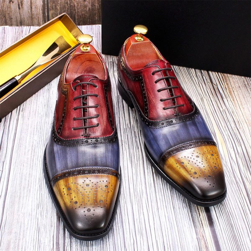 Handmade Mens Dress Shoes 100% Calf Leather Cap Toe Oxford Mixed Colors Lace Up Luxury Brogue Wedding Party Formal Shoes for Men - Image 4