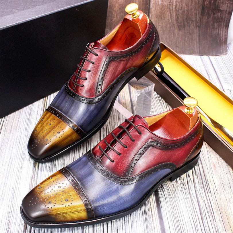 Handmade Mens Dress Shoes 100% Calf Leather Cap Toe Oxford Mixed Colors Lace Up Luxury Brogue Wedding Party Formal Shoes for Men - Image 5