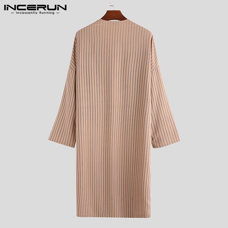 INCERUN Autumn Striped Men Trench Cardigan Long Sleeve Loose Cloak Streetwear Vintage Jackets Casual Men Longline 1