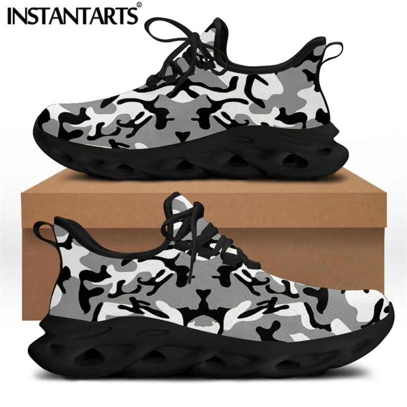 INSTANTARTS Cool Camouflage Pattern Mesh Knitted Sneakers for Women Spring Comfort Lace up Flat Shoes Light