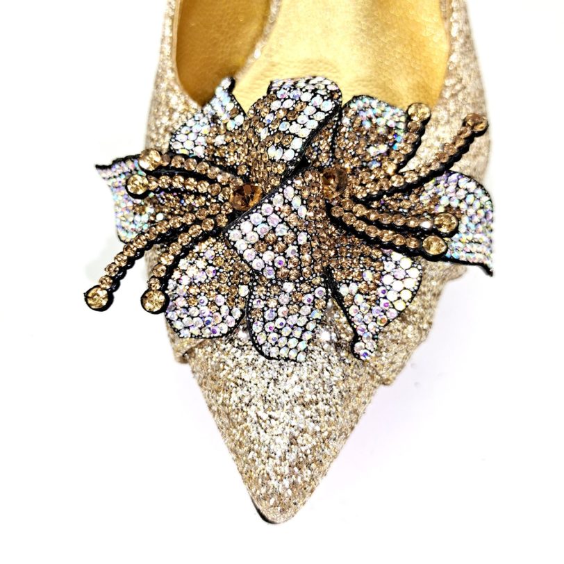 Italian Design 2021 Nigerian Fashion Elegant Ladies Shoes and Bag Set With Special Flower Decoration in Gold Color for Party - Image 2