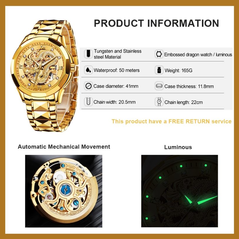 JSDUN Brand Luxury Automatic Mechanical Watches for Men Gold Dragon Watch Waterproof Fashion Unique Gift relogio masculino - Image 3