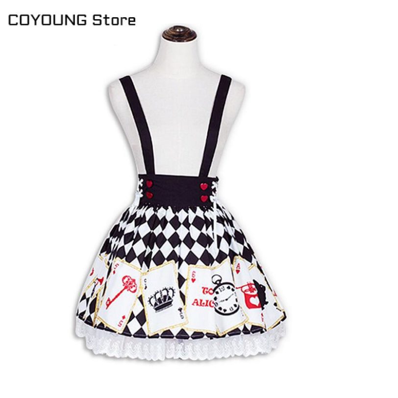 Japanese Harajuku Lolita God of Gamblers Blouse Shirts Suspender Skirt Set Print Cute Girls Gothic Short Sleeve Plaid Poker - Image 5