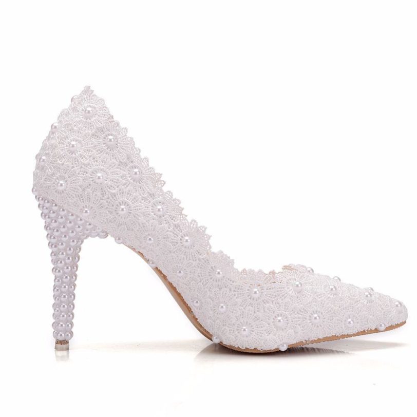 Ladies Shoes Women High Heel Shoes Wedding Shoes Lace Flower White Pearl Bride Low Heel Shoes BIG Size 41 - Image 3