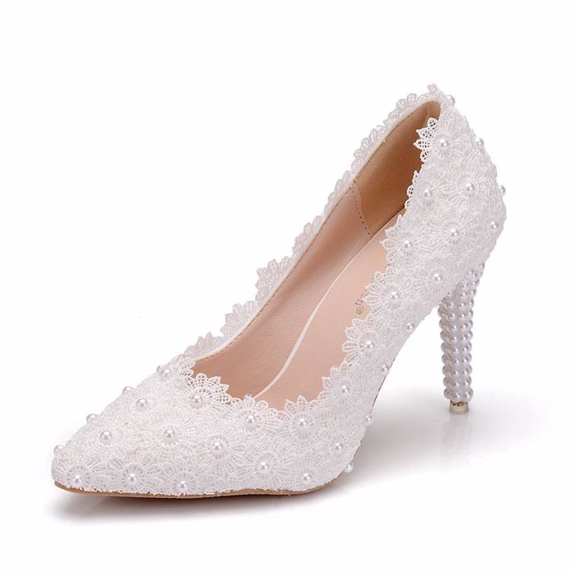 Ladies Shoes Women High Heel Shoes Wedding Shoes Lace Flower White Pearl Bride Low Heel Shoes BIG Size 41 - Image 4