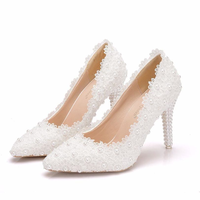 Ladies Shoes Women High Heel Shoes Wedding Shoes Lace Flower White Pearl Bride Low Heel Shoes BIG Size 41 - Image 6