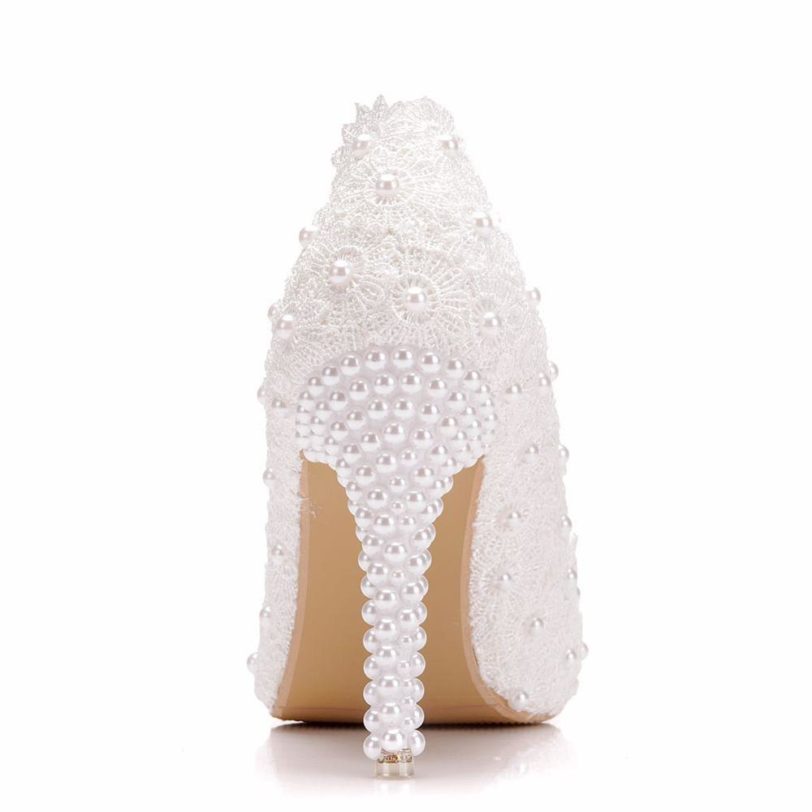 Ladies Shoes Women High Heel Shoes Wedding Shoes Lace Flower White Pearl Bride Low Heel Shoes BIG Size 41 - Image 2