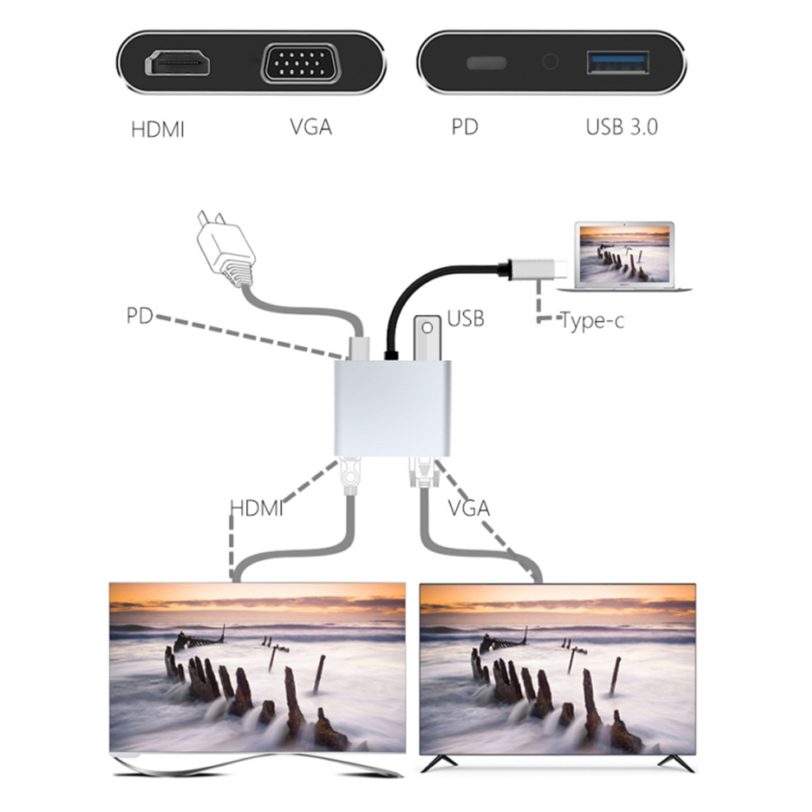 LccKaa USB C HDMI-compatible Type c to HDMI-compatible 4K Adapter VGA USB3.0 Audio video Converter PD 4-in-1 Transfer Adapter - Image 2