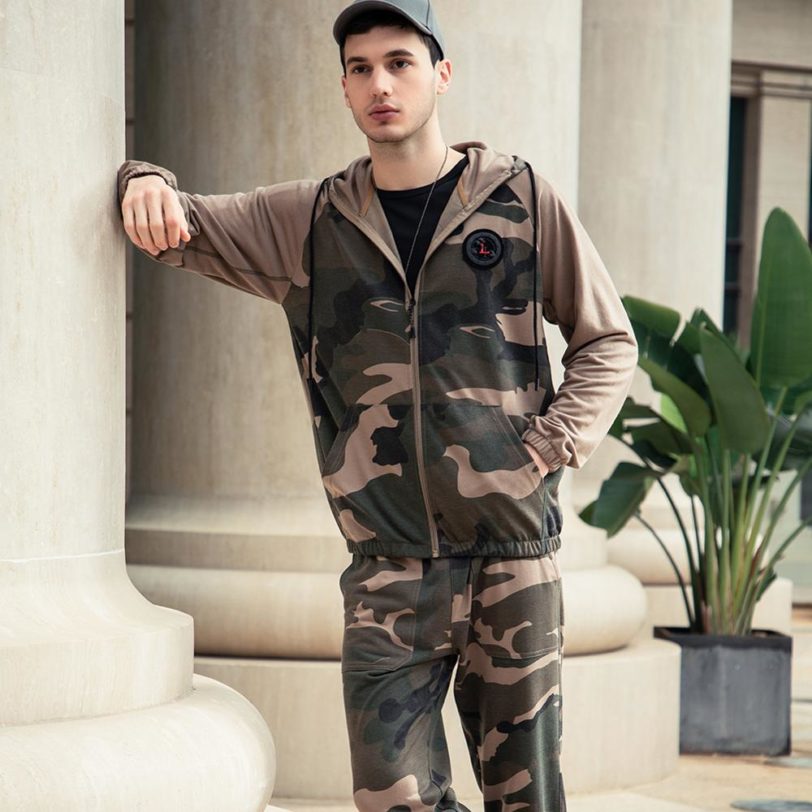 Men Sets Track Suit 2021 Camouflage Zipper Jacket Camo Print Tracksuit Matching Sportswear Hoodie Coat Pants Sweatsuit Military - Image 4