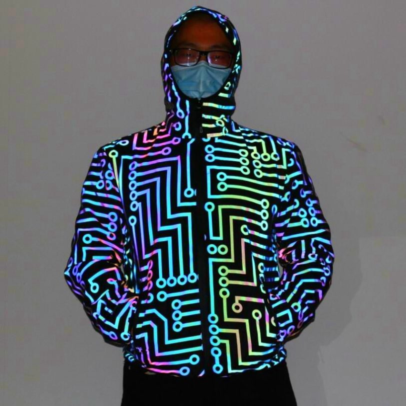 Men geometric circuit lines colorful reflective jackets hip hop windbreaker men's reflect light casual coats jaqueta masculina - Image 2