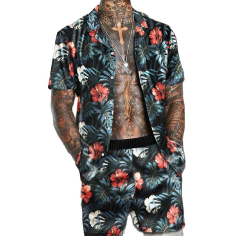 Men s 2 Pieces Set Hawaiian Flower Shirts Beach Shorts 2021 Summer Mens Casual Fashion Loose 3