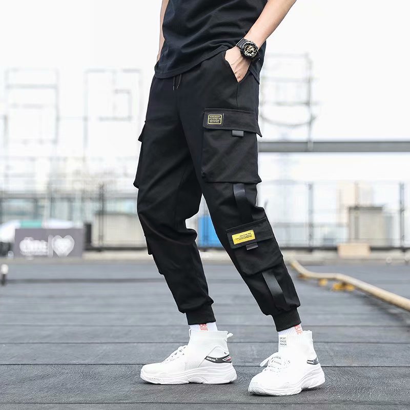 Men s Side Pockets Cargo Harem Pants 2021 Ribbons Black Hip Hop Casual Male Joggers Trousers