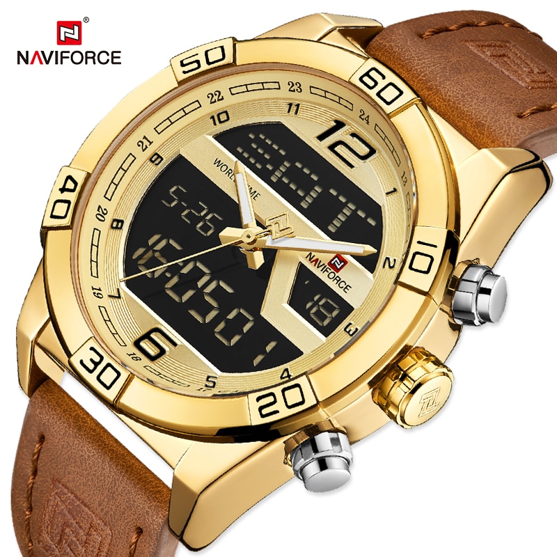 NAVIFORCE Luxury Gold Watches For Men Leather Band Waterproof Digital Alarm Sport WristWatch Man Military Dual 1