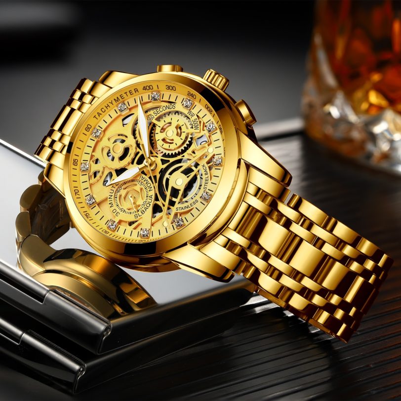 NEKTOM 2020 Men Watches Luxury Top Brand Gold Watch Stainless Steel Big Male Wristwatch Yellow Quartz Sports Watches for Man - Image 3