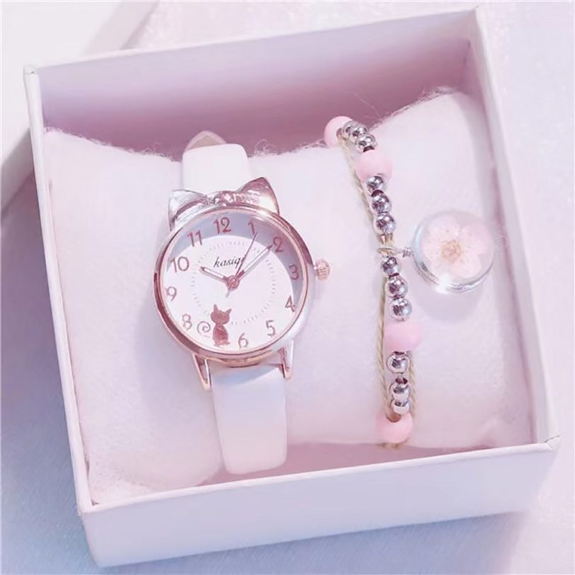 New Girl Quartz Watch Student Children Wristwatch Cat Ears Face Gifts for Kids Girl ulzzang Style With Box Clock Beaded bracelet - Image 2