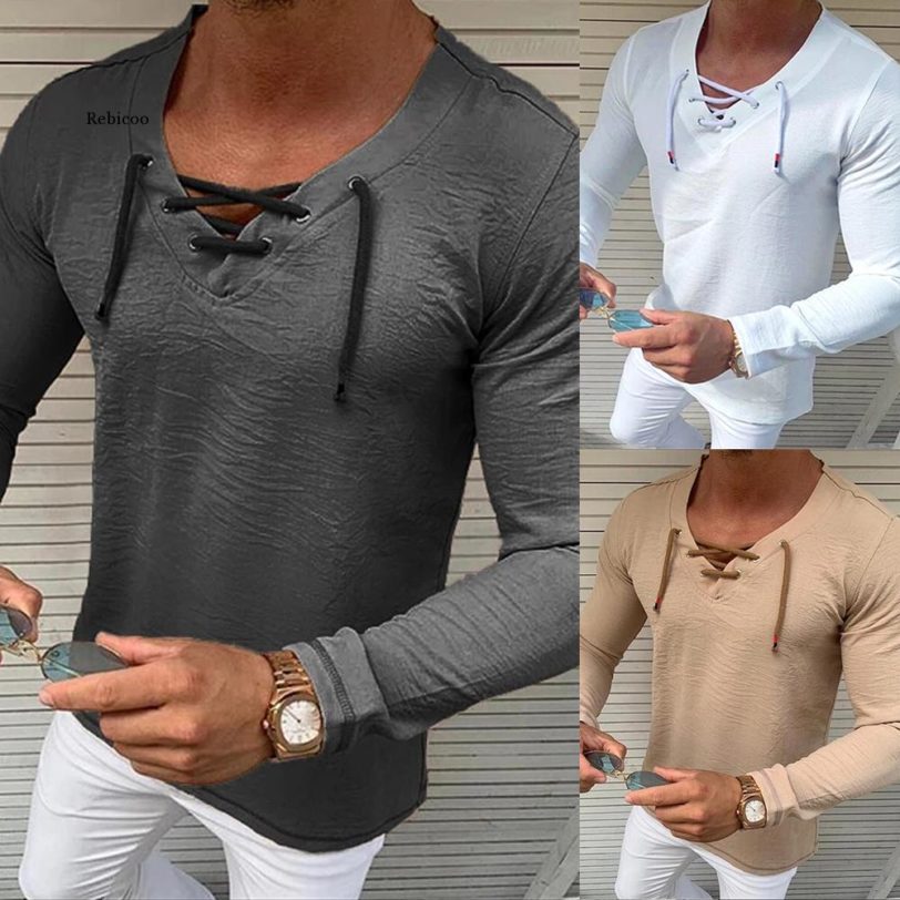 New Men Plain Solid Color Long Sleeve V Neck T Shirt Male Casual Slim Fit Autumn 1