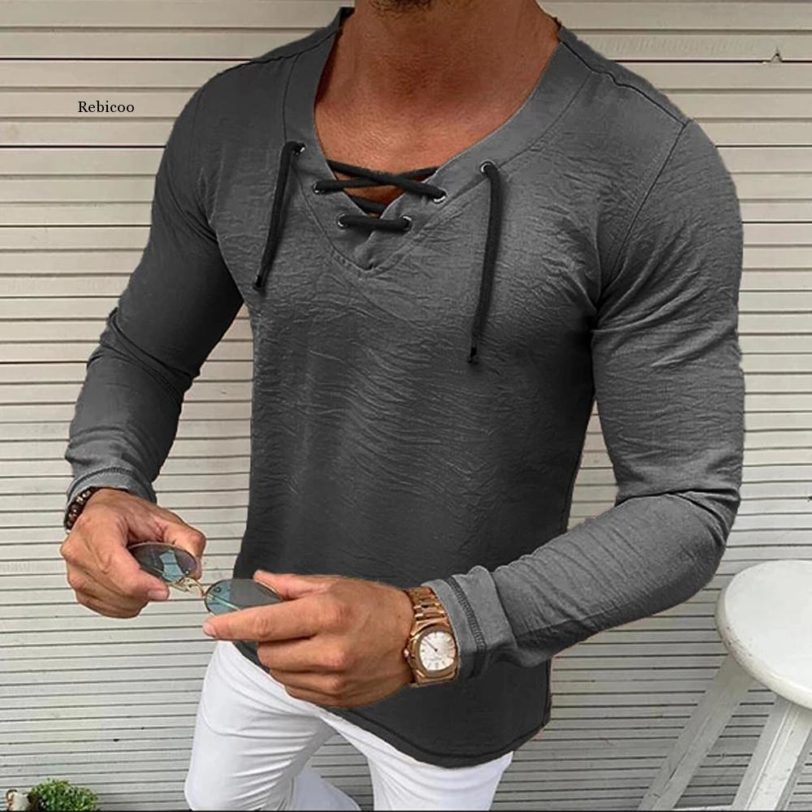New Men Plain Solid Color Long Sleeve V Neck T Shirt Male Casual Slim Fit Autumn 3