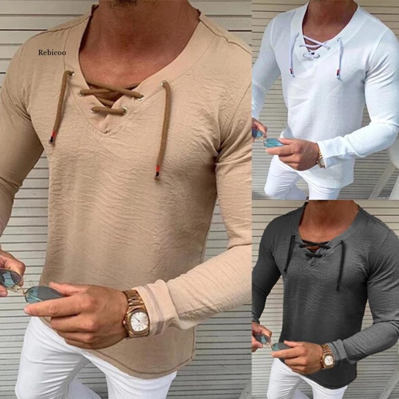 New Men Plain Solid Color Long Sleeve V Neck T Shirt Male Casual Slim Fit Autumn