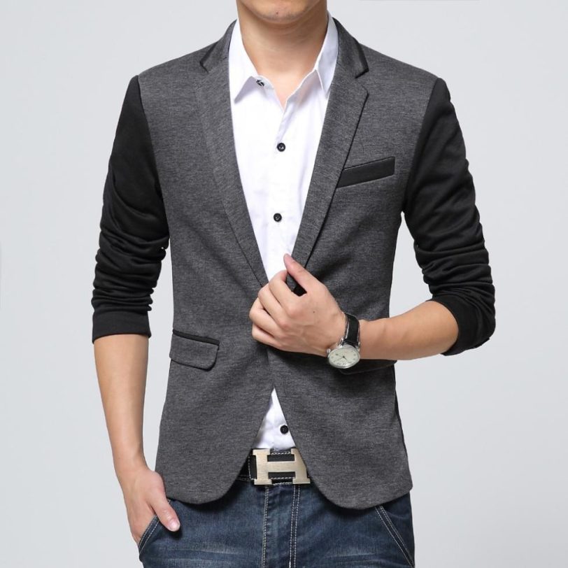 New Slim Fit Casual jacket Cotton Men Blazer Jacket Single Button Gray Mens Suit Jacket Autumn Patchwork Coat Male Suite - Image 3