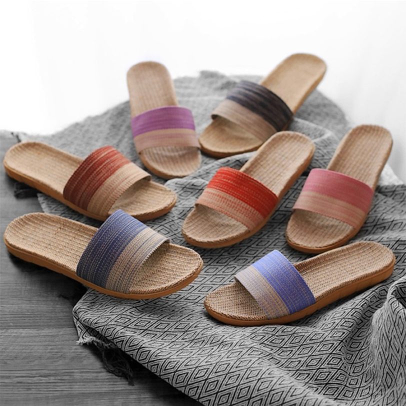 New Unisex Linen Slippers Men Women Non-slip 35-45 Size 7 Colors Gradient Stripe Beach Flat Shoes Male Slides Home Slipper - Image 5