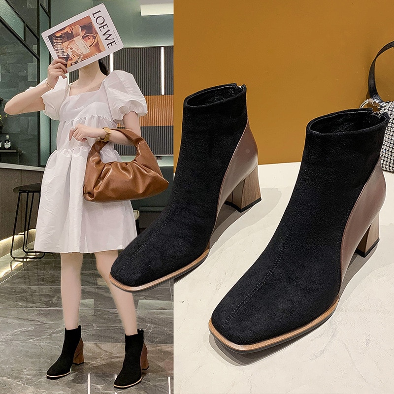 New Women Boots Ankle Boots Faux Suede High Heels Ladies Short Boots Concise Square Toe Breathable 4