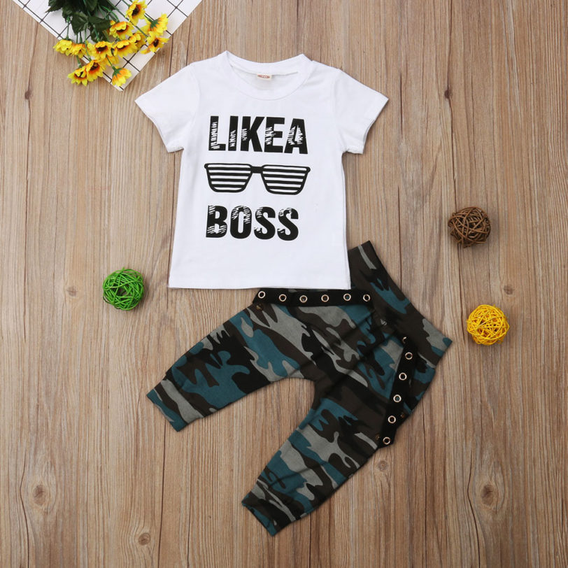 Newborn Baby Boys Clothes Toddler Kids Short Sleeve Letter T-shirt Camo Pants 2Pcs Outfits Set Baby's Clothing - Image 2