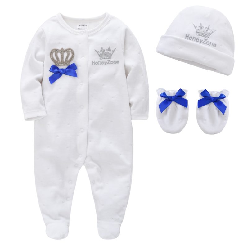 Newborn Baby Boys Girl Rompers with Hat Gloves Long Sleeve Cartoon Crown Velvet Infant Jumpsuit Overalls Toddler Onesies Outfit - Image 3