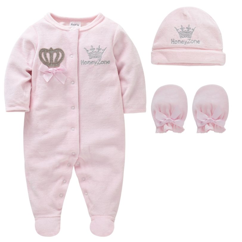 Newborn Baby Boys Girl Rompers with Hat Gloves Long Sleeve Cartoon Crown Velvet Infant Jumpsuit Overalls Toddler Onesies Outfit - Image 2