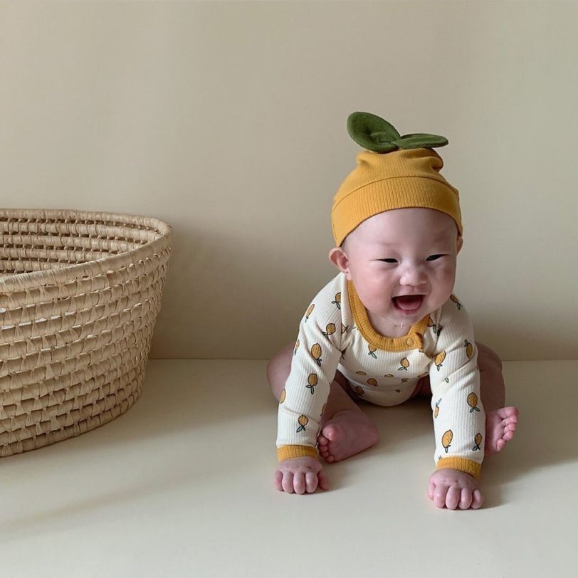 Newborn Baby Girl Boy Bodysuit Cotton Autumn Lemon Print Jumpsuit Long Sleeve Baby Bodysuit With Hat 2pcs Baby Clothes Outfits - Image 4