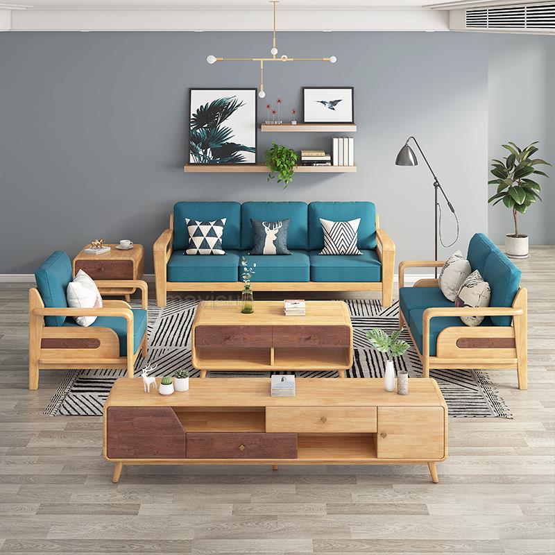 Nordic Solid Wood Corner Sofa Combination Modern Minimalist Living Room Small Apartment Furniture Hall Reception Fabric 1