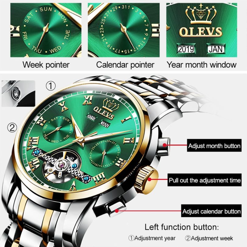 OLEVS Automatic Mechanical Men Watches Stainless Steel Waterproof Date Week Green Perpetual Calendar Classic Luxury Wrist Watch - Image 4