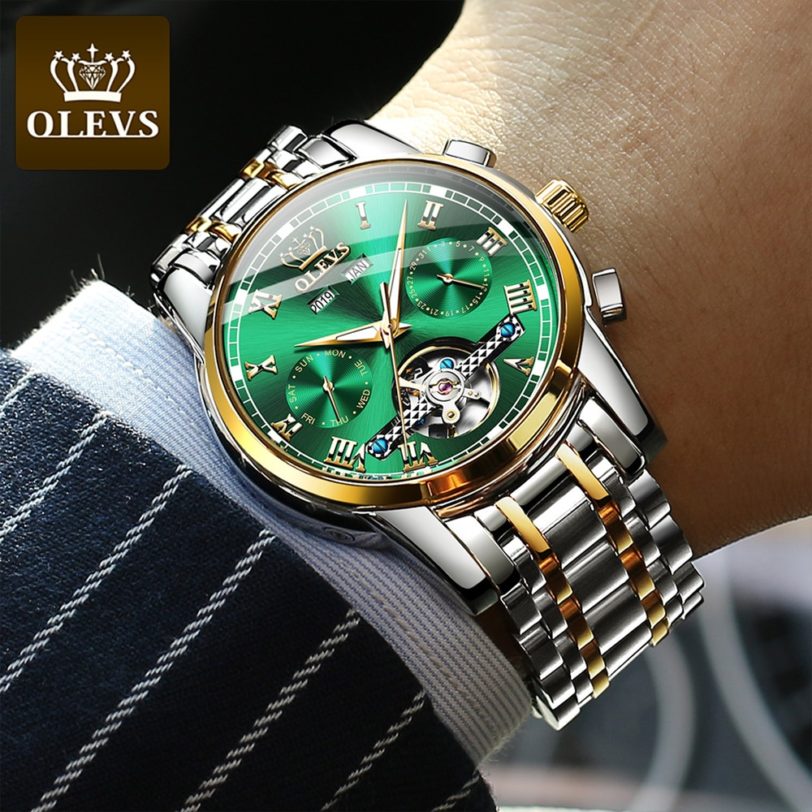 OLEVS Automatic Mechanical Men Watches Stainless Steel Waterproof Date Week Green Perpetual Calendar Classic Luxury Wrist Watch - Image 6