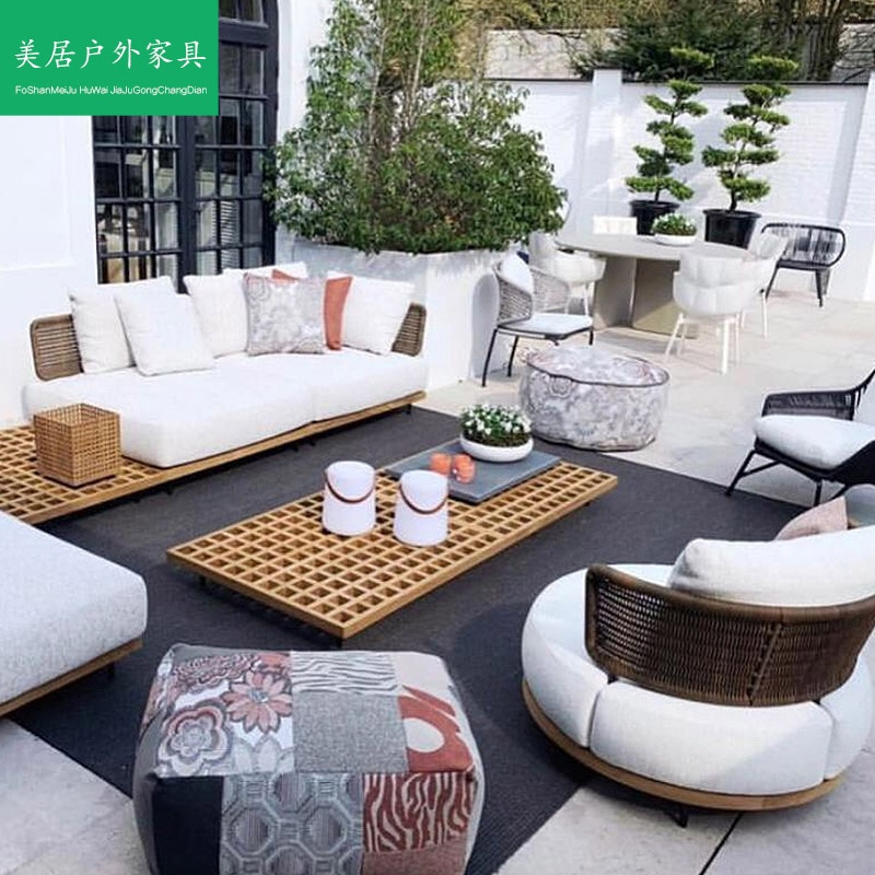 Outdoor courtyard rattan makes up sofa teak tea table leisure chair sample furniture 1